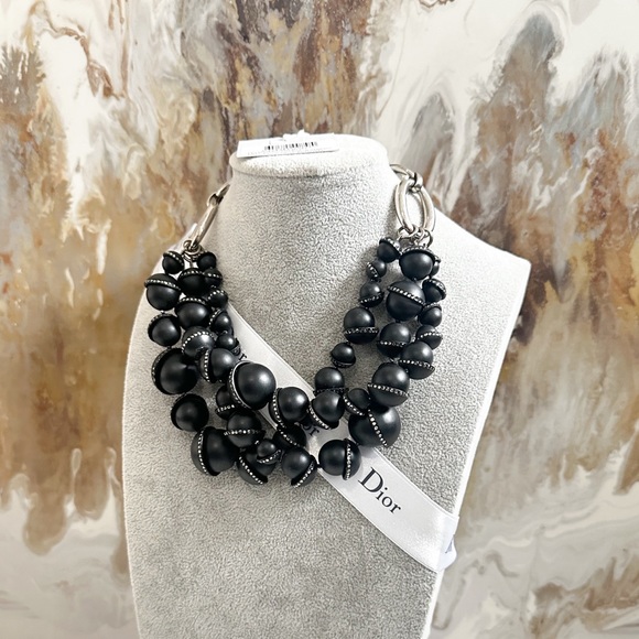 DIOR Black Crystal Embellished 3 Row Mise En Dior Beaded Necklace Multistrand - Picture 1 of 10